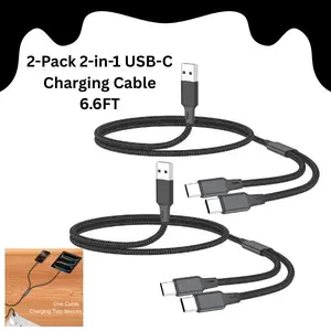 2-Pack 2-in-1 USB-C Charging Cable 6.6FT – Dual USB-C Splitter Fast Charge Cord Compatible with iPhone 16/15 Series, iPad, Android, Kindle & Most Cell Phones (Charging Only)