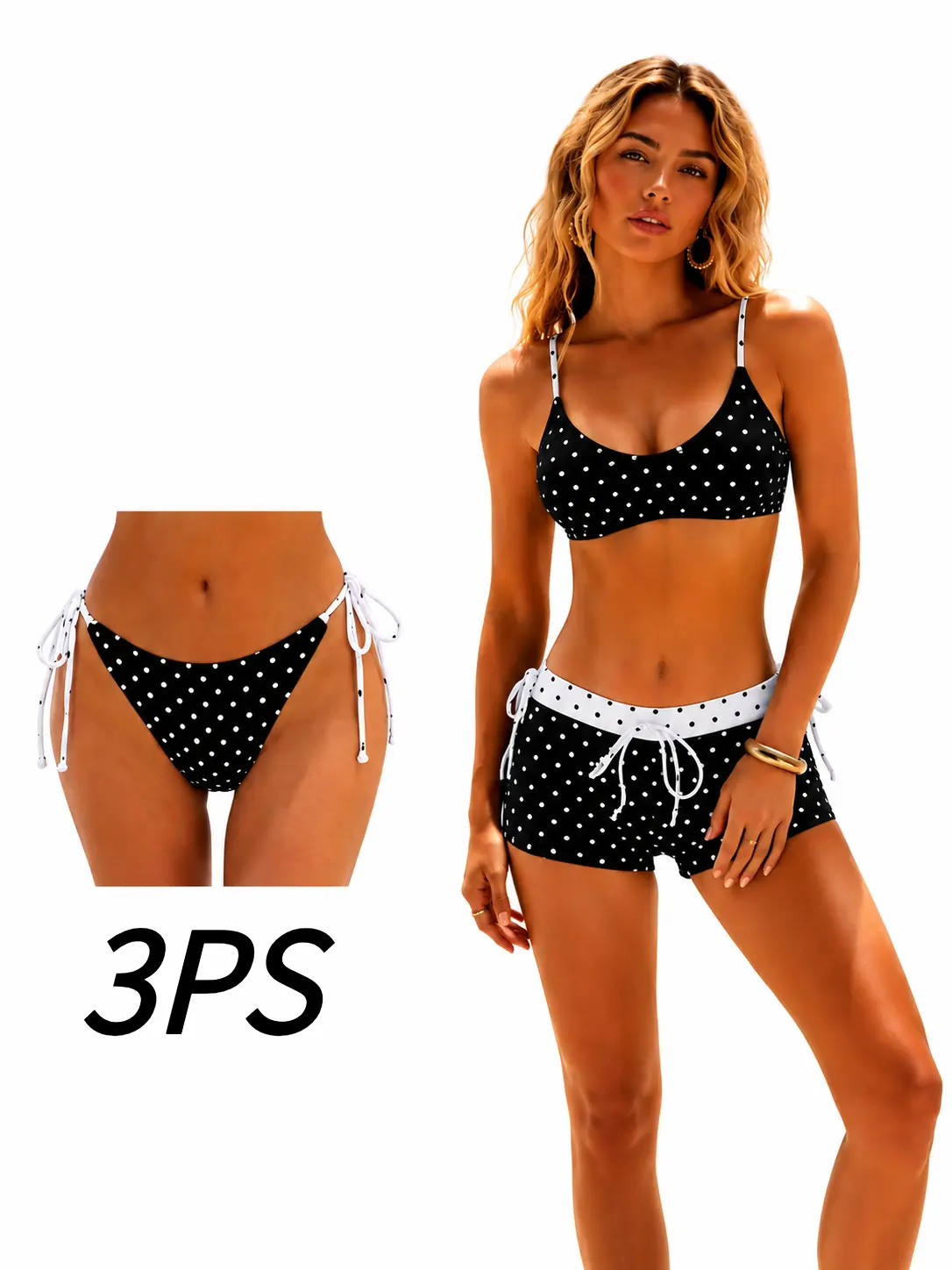 Women's Vintage Polka Dot Sexy U-Neck Halter Swimsuit Set with Tie-Back Shorts, Summer Beach Resort Fashion Swimwear, Swimsuit for Women, Triangle Bathing Suit, Wrap Bikini Set, Peppermolly Design