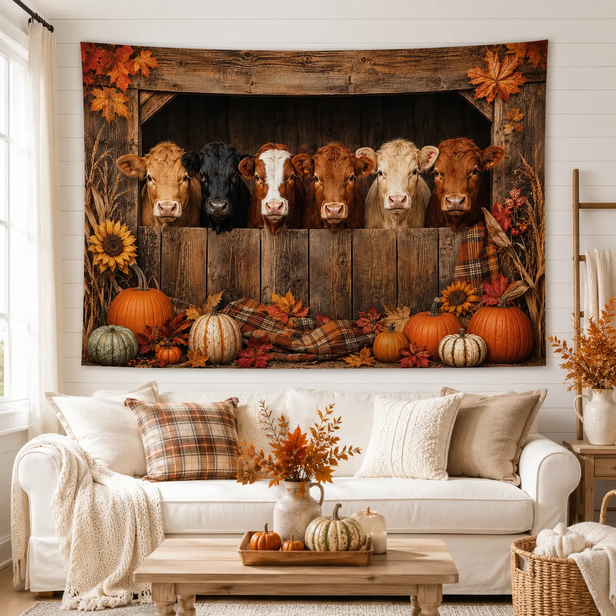 Lightweight Fall Farmhouse Tapestry Wall Hanging Decoration, Autumn Harvest Backdrop with Cow, Horse, Pumpkin, Sunflower, Thanksgiving Party Decor for Living Room, Porch