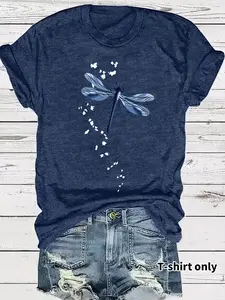 Women's Dragonfly Print Round Neck Tee, Casual Short Sleeve Crew Neck T-Shirt Fit for Spring, Fashion Women's Top for Daily Wear, Summer