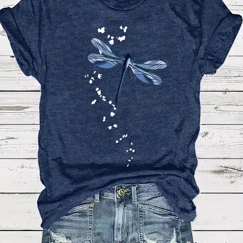 Women's Dragonfly Print Round Neck Tee, Casual Short Sleeve Crew Neck Fitted T-Shirt Fit for Spring, Fashion Women's Top for Daily Wear, Summer, Womenswear