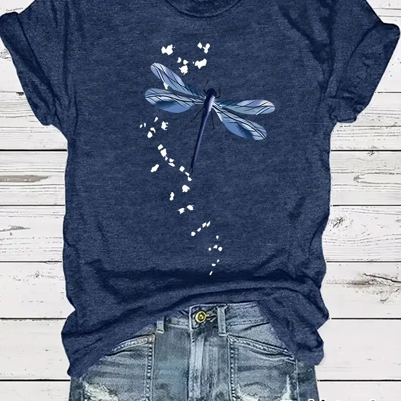 Women's Dragonfly Print Round Neck Tee, Casual Short Sleeve Crew Neck Fitted T-Shirt Fit for Spring, Fashion Women's Top for Daily Wear, Summer, Womenswear