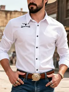 Men's Western Cowboy Style Button Down Shirt, Bull Head Arrow Embroidery Long Sleeve Slim Fit Casual Blouse, All Seasons Fashion Top, Menswear