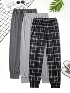 Men's Long Pants Sleepwear Set, Comfortable Soft Knit Plaid Pajama Pjs Bottoms, Casual Fitted Loungewear for Fall & Winter Relaxing Nights at Home