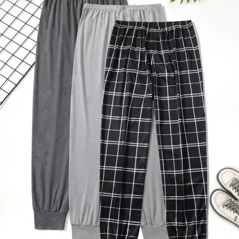 Men's Long Pants Sleepwear Set, Comfortable Soft Knit Checked Plaid Pajama Pjs Bottoms, Casual Fitted Loungewear Homewear for Fall & Winter Relaxing Nights at Home Classic
