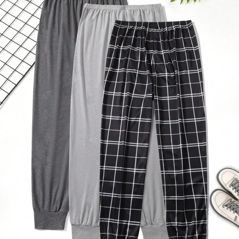 Men's Long Pants Sleepwear Set, Comfortable Soft Knit Checked Plaid Pajama Pjs Bottoms, Casual Fitted Loungewear Homewear for Fall & Winter Relaxing Nights at Home Classic