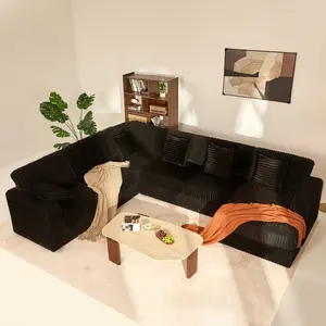 【6 Packages Shipping】Queen Sofa,Cloud Couch 139" U-Shaped Sectional Sofa, Oversized 7-Seater Modular Couch with Corduroy Upholstery, Deep Seats, High Backrest & Pocket Spring Cushions for Living Room, Right Facing Chaise