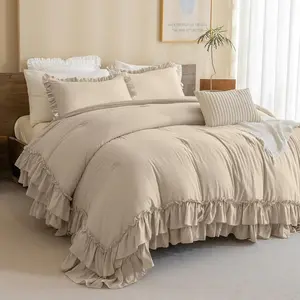 Ruffled Comforter Queen,3-Farmhouse Boho,Ultra Linen Feel Textured Comforter (1 Ruffle Comforter+2 Pillow Shams)