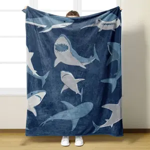 1pc Ocean Shark Print Blanket Soft Flannel Blanket Air Conditioning Blanket Plush Blanket Bed Travel Sofa Car Room