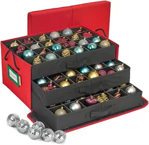 Christmas Ornament  Box with Dividers, Holds 72 Ornaments (3 Inch), Large Ball  Container with 3 Removable Trays, Durable and Portable - Red