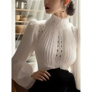 Women's Elegant White Sports Shirt - Lace Trim Ruffled Turtleneck & Bubble Sleeves, Breathable Machine-Washable Top for Casual or Active Wear, Chic Gift for Girlfriend, Casual Elegant Wear | Lace Detail Shirt | Elegant Design, Lace Blouse M blouse