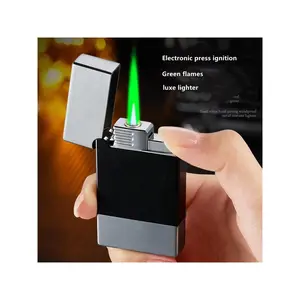 Green Adjustable Flame Luxury Metal Gas Cigar High Power Lighter Outdoor Windproof Portable Cigar Lighter Men's Tool Without Box No Butane Gas (Green Flame Represents The Reaction Of Copper Metal)(Without Butane Gas)