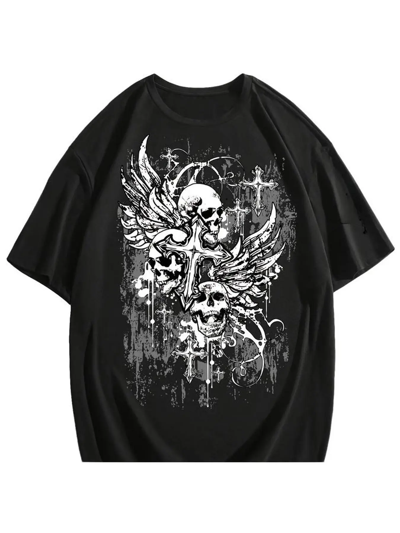 Y2K Grunge Skull Graphic Oversized T-Shirt for Men Women, Gothic Wing & Cross Print Streetwear, Vintage Cybercore Aesthetic Short Sleeve Top for Daily Outfits & Music Festivals