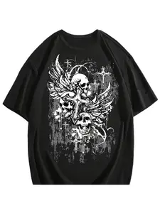 Y2K Grunge Skull Graphic Oversized T-Shirt for Men Women, Gothic Wing & Cross Print Streetwear, Vintage Cybercore Aesthetic Short Sleeve Top for Daily Outfits & Music Festivals