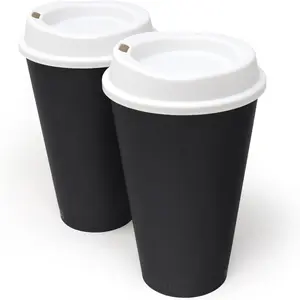 Made 16 oz  Coffee Cups with  2 Pk, To Go Travel Cups, Hot or Cold Drinks, Dishwasher and Microwave Safe, Black Cups, White