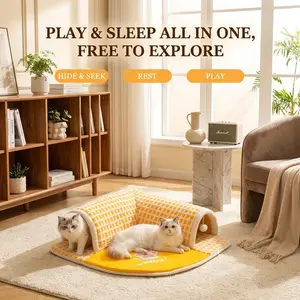 Cat Carpet Tunnel Bed,Yellow Blue Checkered, Soft Cat Bed Floor Cave Tunnel，Hideaway and Activity cat nest ， Interactive Toy for Exercise outdoor indoor，Non-Slip Bottom，Washable Hideaway，Fun Enough Large， Kittens， Puppies，rabbit tunnel