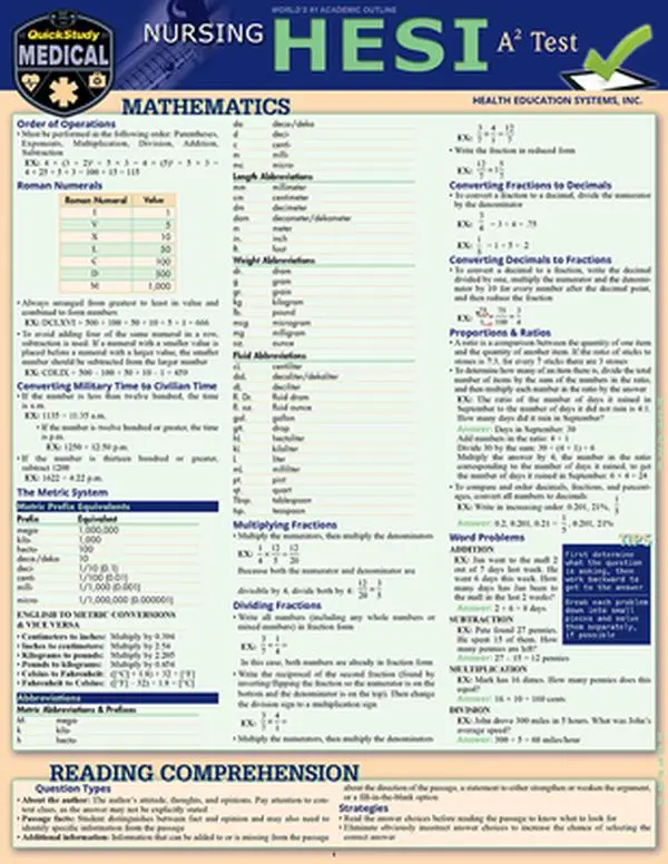 Nursing Hesi A2 Quickstudy Laminated Reference & Study Guide for Nursing School (Physics, Biology, Chemistry, Reading Comprehension) - April Michelle Davis, Poster