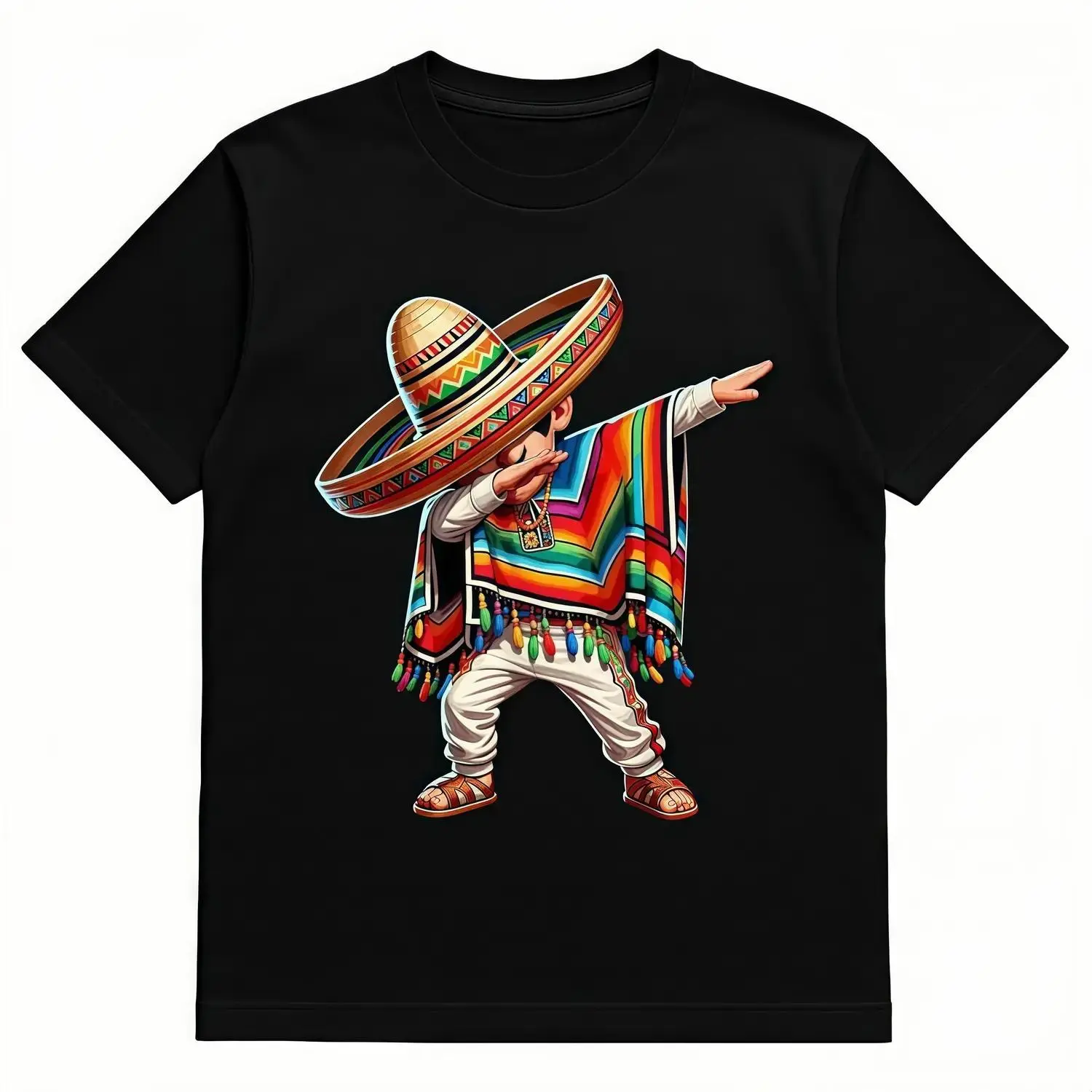 Stylish Cotton Graphic Crewneck TShirt Featuring Mexican Sombrero Poncho Dab Dance Motif Perfect for Fiesta and Fathers Day Celebrations