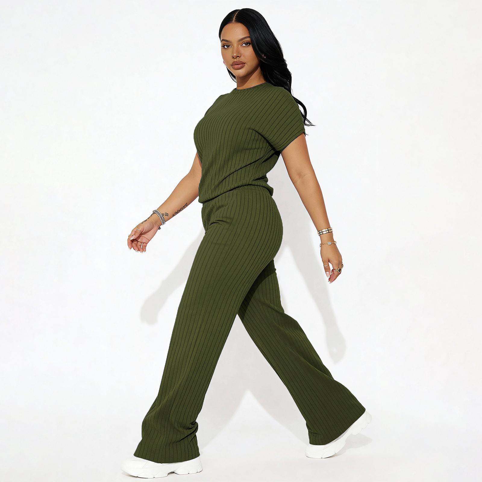 Women's Premium Ribbed Knit Co-ord Set for Spring & Summer – Short Sleeve Crew Neck Top & Straight Leg Trousers – Elegant Loungewear for Work from Home & Weekend Outings Women's Premium Ribbed Knit Co-ord Set for Spring & Summer – Short Sleeve Crew Neck Top & Straight Leg Trousers – Elegant Loungewear for Work from Home & Weekend Outings