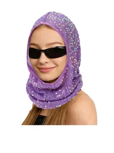 Women's Sequined Hooded Scarf Hat, Fashionable Festival Party Stage Performance Glitter Headscarf, Neck Protection One-Piece Hat