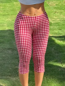 Red and white checkered high waisted cropped pants, slim fit open top pants, elastic and breathable retro checkered leggings, Y2K summer casual wear, beachwear and streetwear, fashionable slim fit pants
