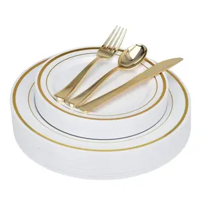 Stock Your Home 125 pc Fancy Disposable Plates with Cutlery Set - Gold