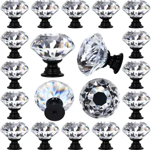 12 Pcs Clear Glass Cabinet Knobs 30 mm Crystal Drawer Pulls with Black Base Diamond Shape Dresser Knobs for Cabinets,
