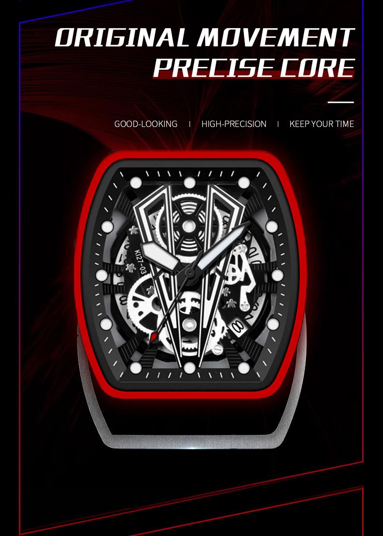 Men's Carbon Fiber Skeleton Tonneau Watch, Black Silicone Band, Sporty Quartz Wristwatch