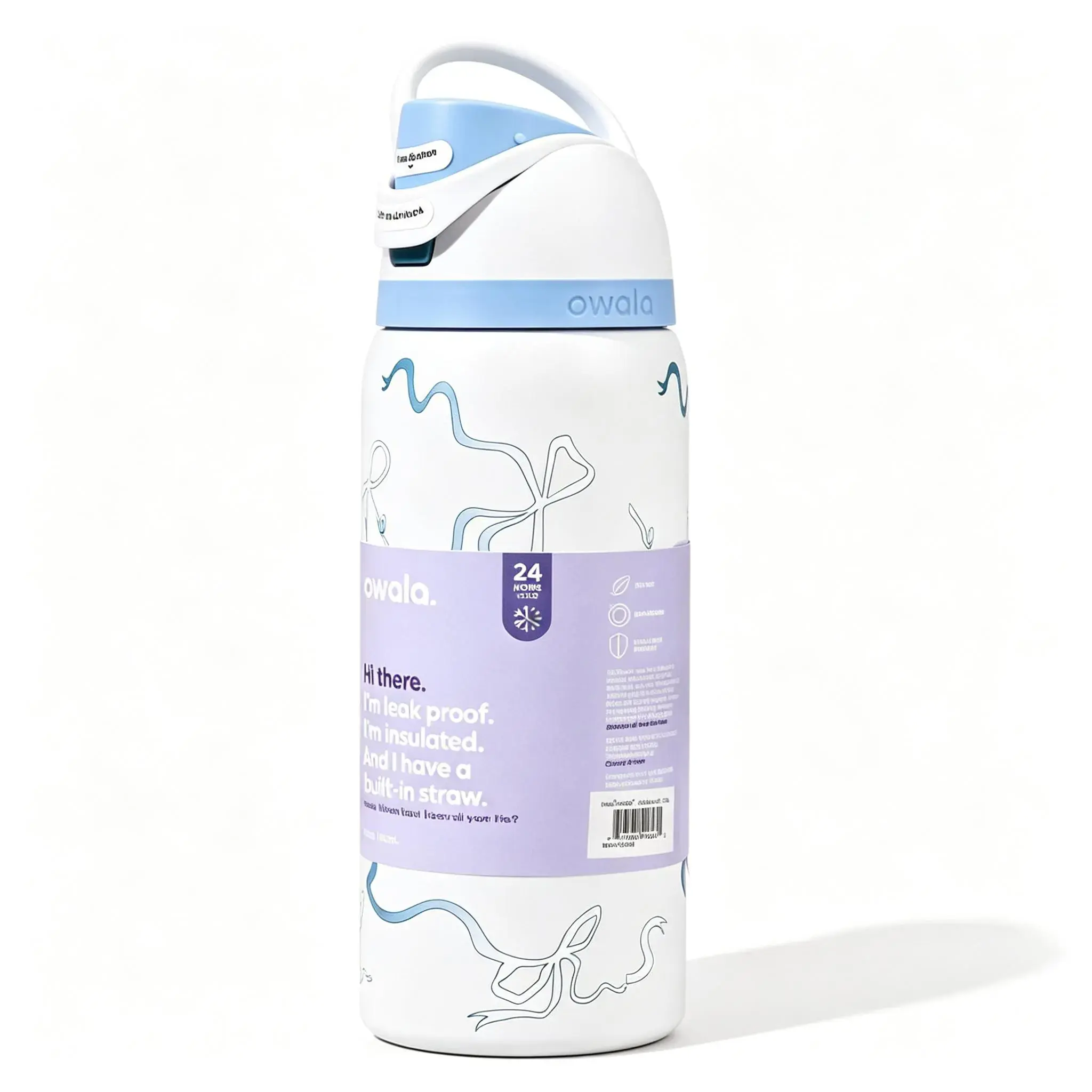Owala Weekender 32oz Insulated Stainless Steel Vacuum Flask - Light Blue Line Ribbon Bow Print, FreeSip Spout, Leakproof, Lightweight, Wide Mouth, Silicone Carry Handle, Plastic-Free Sip Component for Pickleball, Tennis