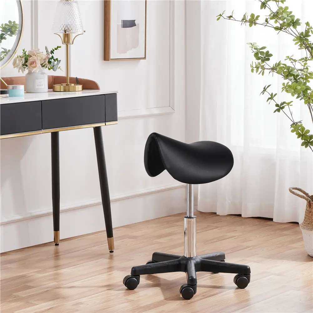 Yaheetech Rolling PU Leather Saddle Hairdressing Chair with Wheels, 360-Degree Swivel Adjustable, Hair Stylist Equipment for Salons, Multi-Use Esthetician Spa Equipment