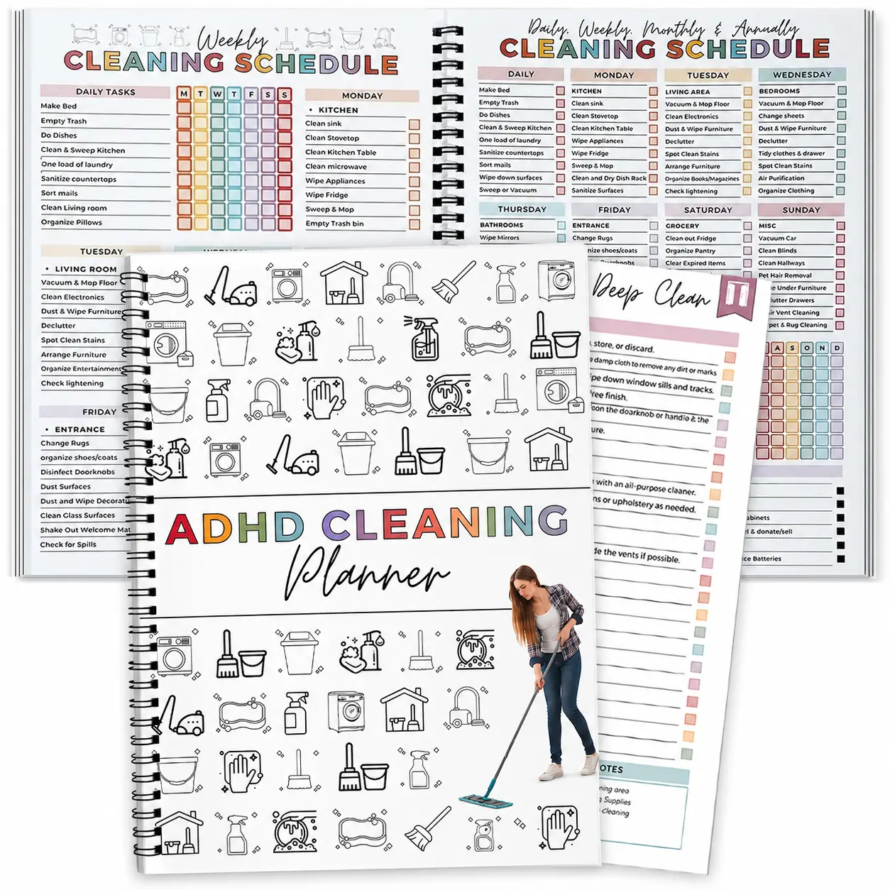 ADHD Cleaning Planner, Daily Weekly Monthly Cleaning Schedule & Checklist Notebook, Home Organization Chore Chart Journal for Adults, Colorful Cleaning Routine Planner