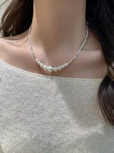 NO.45-New French-style luxury silver-particle pearl string high-end necklace with elegant charm.