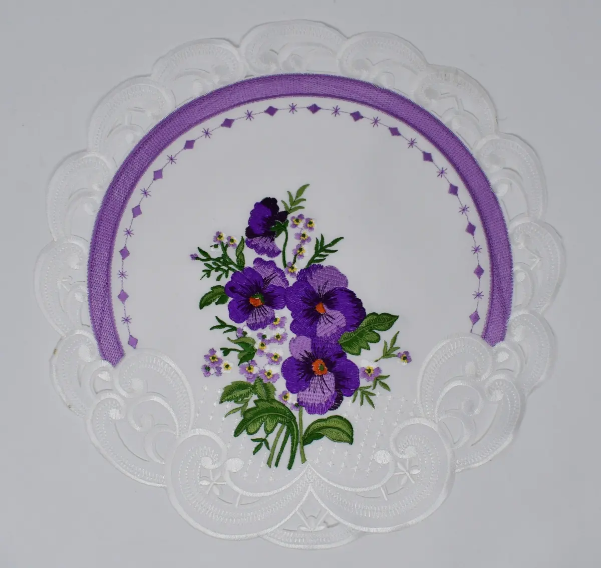 8 in. Purple Pansy on Cream Fabric Doily