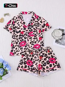2-Piece Valentine's Day Spring/Summer Women's Set with Brown Base Full Leopard Print, Red Heart, Short Sleeve Shorts, Soft Comfortable Top, Small Pocket, Elastic Waistband, Home, Homewear, Casual Wear, Couples Pajamas