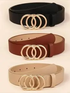 1PC Women's Belt Trend Triple Round Buckle Belt Simple Versatile Youth Belt PU Leather Belt Paired with Jeans Dress Ladies Belts Casual Dress Belt