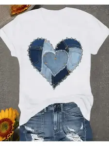 Women's casual short-sleeved t-shirt denim heart-shaped patchwork print-loose h-shaped round neck fringless edge and stack-friendly design spring and autumn casual all-inclusive casual to semi-formal occasion wear (basic style) new arrival local warehouse