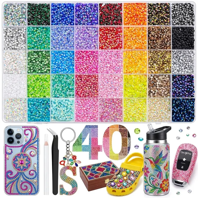 Glitter Rhinestones, 40,000pcs 40-Color Resin Gems, 3mm Flat Bottom with Long-Lasting Shine for Glamorous Nail Art & DIY Crafts, Includes Tweezers & Pick Pen, Bedazzling Kit, Rhinestone Bedazzling Kit, Use Tweezers, 3 Mm