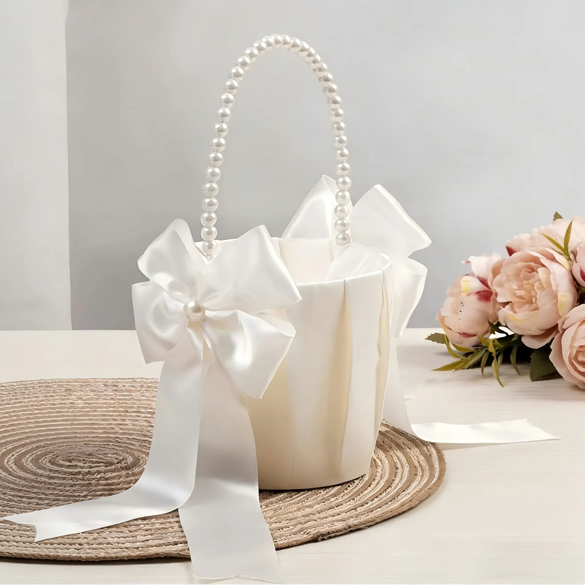 Elegant Ivory Flower Girl Basket with Pearl Handle & Satin Bow, White Wedding Flower Basket for Ceremony, Bridal Shower, Ring Bearer, Party Decor, Flower Petal Holder for Wedding, Bridesmaid Gift, Rustic Wedding Accessory