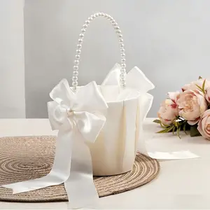 Elegant Ivory Flower Girl Basket with Pearl Handle & Satin Bow, White Wedding Flower Basket for Ceremony, Bridal Shower, Ring Bearer, Party Decor, Flower Petal Holder for Wedding, Bridesmaid Gift, Rustic Wedding Accessory