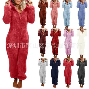 Foreign Trade Fleece-Lined Thickened Fluffy One-Piece Hooded Pajamas for Women