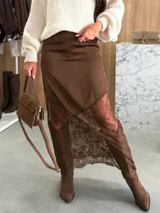 Elegant Chic Solid Color Woven Fabric Lace Patchwork Zipper Skirt, Slim-Fitting Long Half-Skirt for Daily Wear, Trendy Lace Patchwork Tight Fit