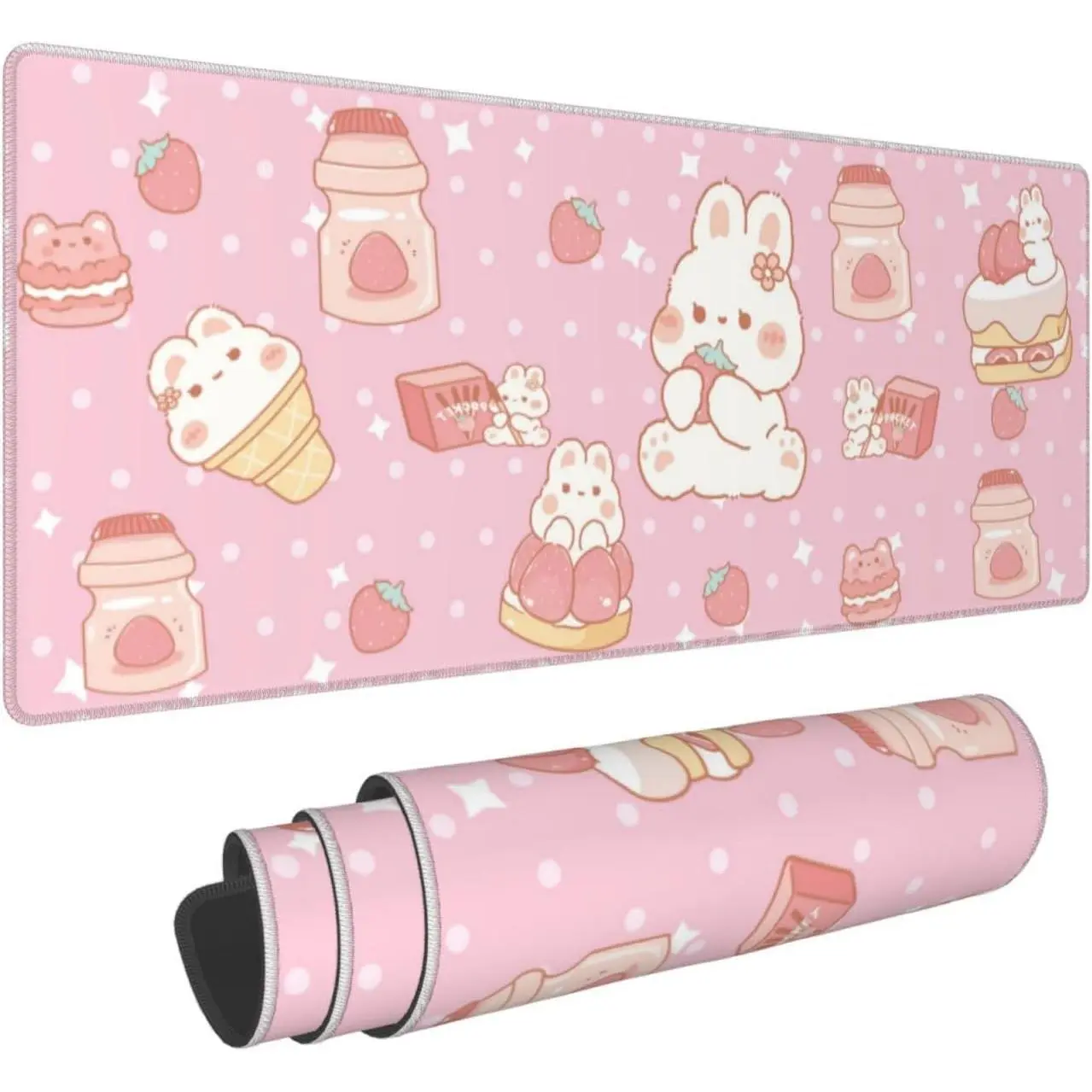 Kawaii Rabbit Strawberry Gaming Mouse Pad Extended Large Mouse Mat 24 X 14 Inch Nonslip Rubber Base Long Desk Pad Stitched Edges Mousepad Mice Pad for Office Home Game