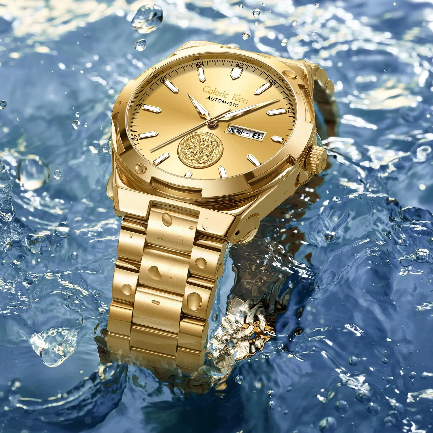 Calonic Kien Men's Luxury Swiss Automatic Gold Watch with Dual