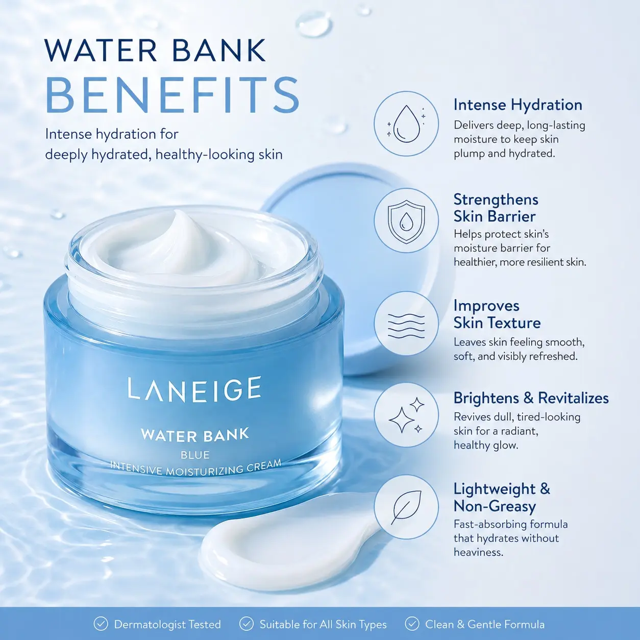 LANEIGE Water Bank Blue Hyaluronic Intensive Moisturizing Cream, Hydrating BB & CC Cream for Daily Beauty & Personal Care Korean Greasy Makeup Moisture