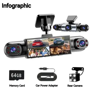 4-Channel Dash Cam for Cars, 1080P Front & 720P Rear/Left/Right Recording, 4-Way Coverage, Wired Car Power Adapter, 64GB Card Included, Night Vision, G-Sensor, Loop Recording