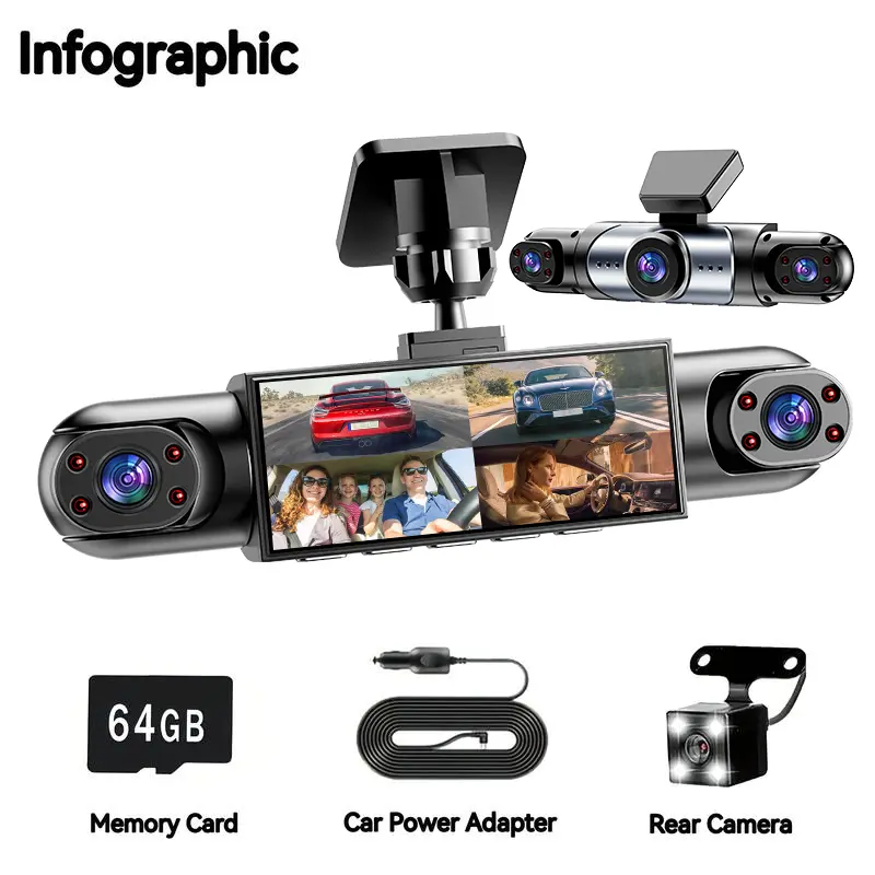 4-Channel  Car Dash Cam , 1080P Front & 720P Rear/Left/Right Capture, 4-Way Coverage, Wired Car Power Adapter, 64GB Card Included, Night Vision, G-Sensor, Loop Recording, Hd 1080P Car Cameras