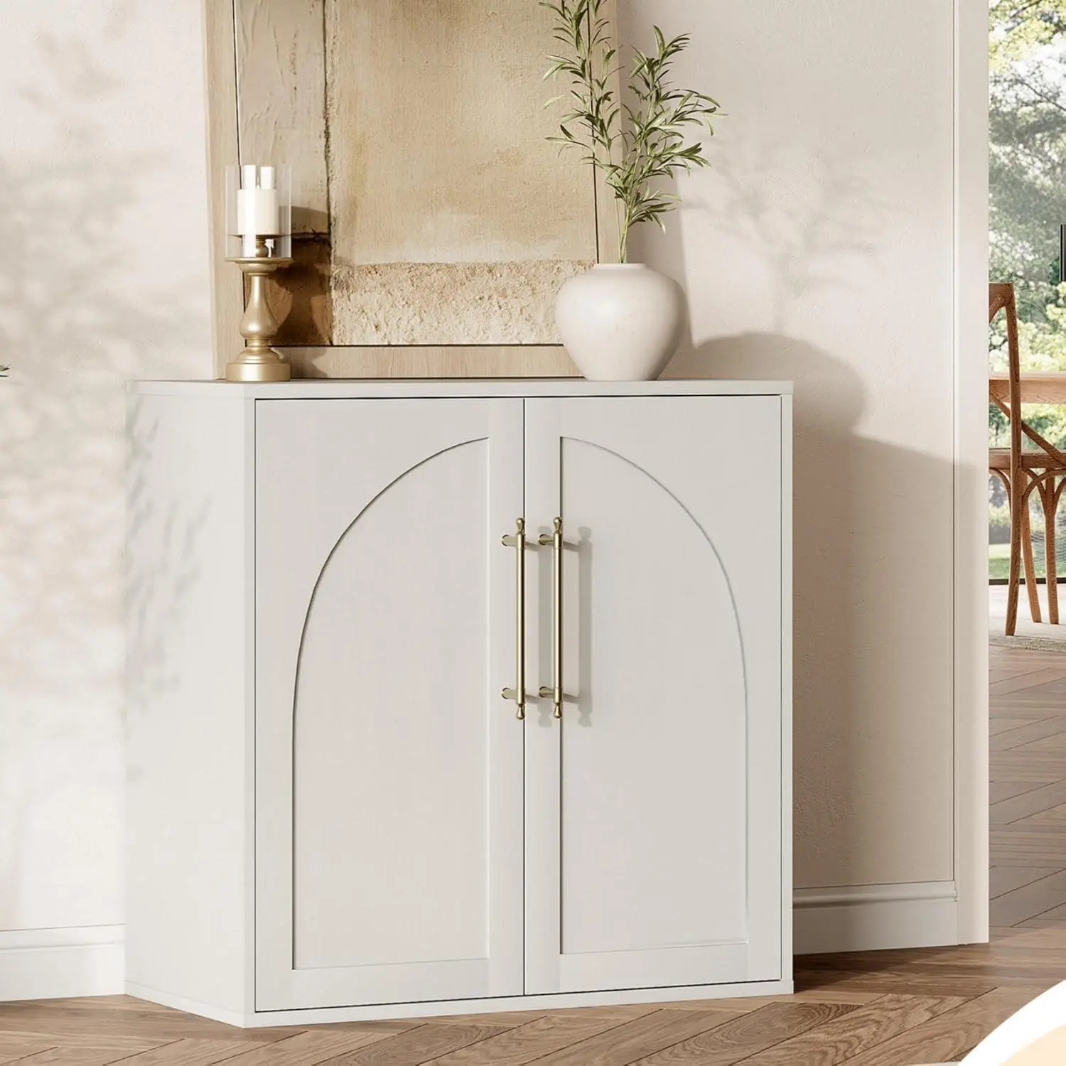 Modern Farmhouse Arched Sideboard Buffet Cabinet Storage Credenza with 2 Adjustable Shelves and Anti-Tip Kit Wood Media Console for Living Room Kitchen Coffee Bar Bedroom