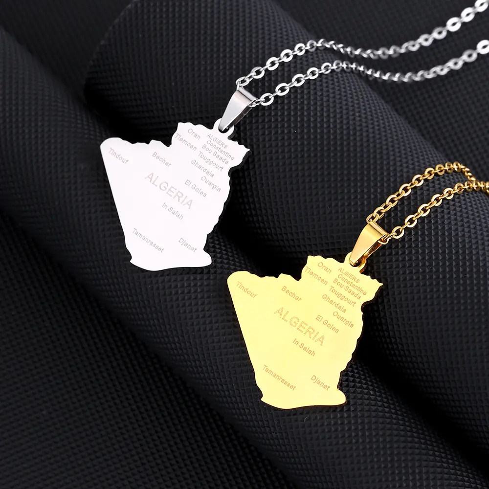 Female Stainless Steel Algeria Map Pendant Necklace, Versatile Geometric Titanium Steel Clavicle Chain for Adults, Birthday, Casual, Valentine's Day, Chain & Link, Elegant