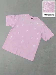 Men's Short Sleeve T-Shirt with Rhinestone Full Print Design, Round Neck, Cotton Blend Fabric, Soft, Relaxed Fit, Fitted, with Glittering Star Cross Glow, Casual, Streetwear