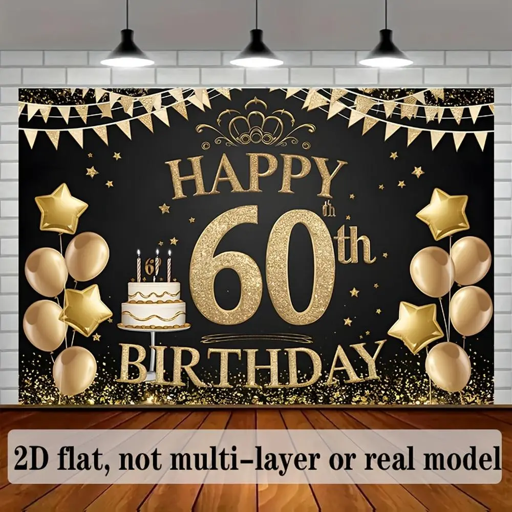 1PC 2D Flat Black-Gold Shining 60th Birthday Backdrop Banner, Reusable Polyester Photo Background Cloth, Festive Party Decoration Prop with Golden Balloon & Cake Elements for Adults, Banners